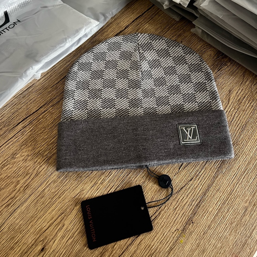 LV Gray Checkered Knit Hat